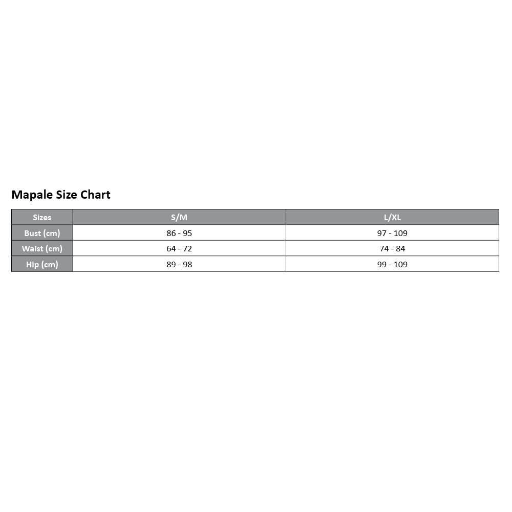 A Mapale size chart for bust, waist and hip measurements in centimetres.