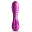 A metallic pink silicone mini vibrator with a ribbed bulbous head stands against a white backdrop. 
