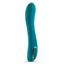 A teal silicone G-spot vibrator stands against a white backdrop and features a curved shaft and bulbous head. 