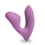A pink wearable silicone G-spot vibrator with a ribbed clitoral arm and bulbous insertable head. 