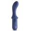 A mini silicone G-spot vibrator stands against a white backdrop with a curved shaft and bulbous head in blue. 