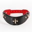 A black faux leather curved choker with red interior and gold hardware sits against a white backdrop. 