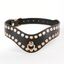 A curved black faux leather choker with a row of gold grommet details on the upper and lower row. 