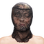 A model wears a full face black hood with a sheer floral pattern on it.