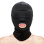 A model wears a black open mouth hood with padded eyes in a black nylon fabric. 