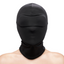 A model wears a closed sensory deprivation hood in black with padded eyes. 
