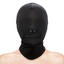 A model wears a black zippered mouth bondage hood with nostril holes.