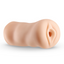 A realistic sculpted vagina masturbator features petite lips and a textured interior with raised bumps.