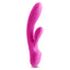Front view of a dark pink silicone rabbit vibrator with a curved G spot shaft standing against a white background.