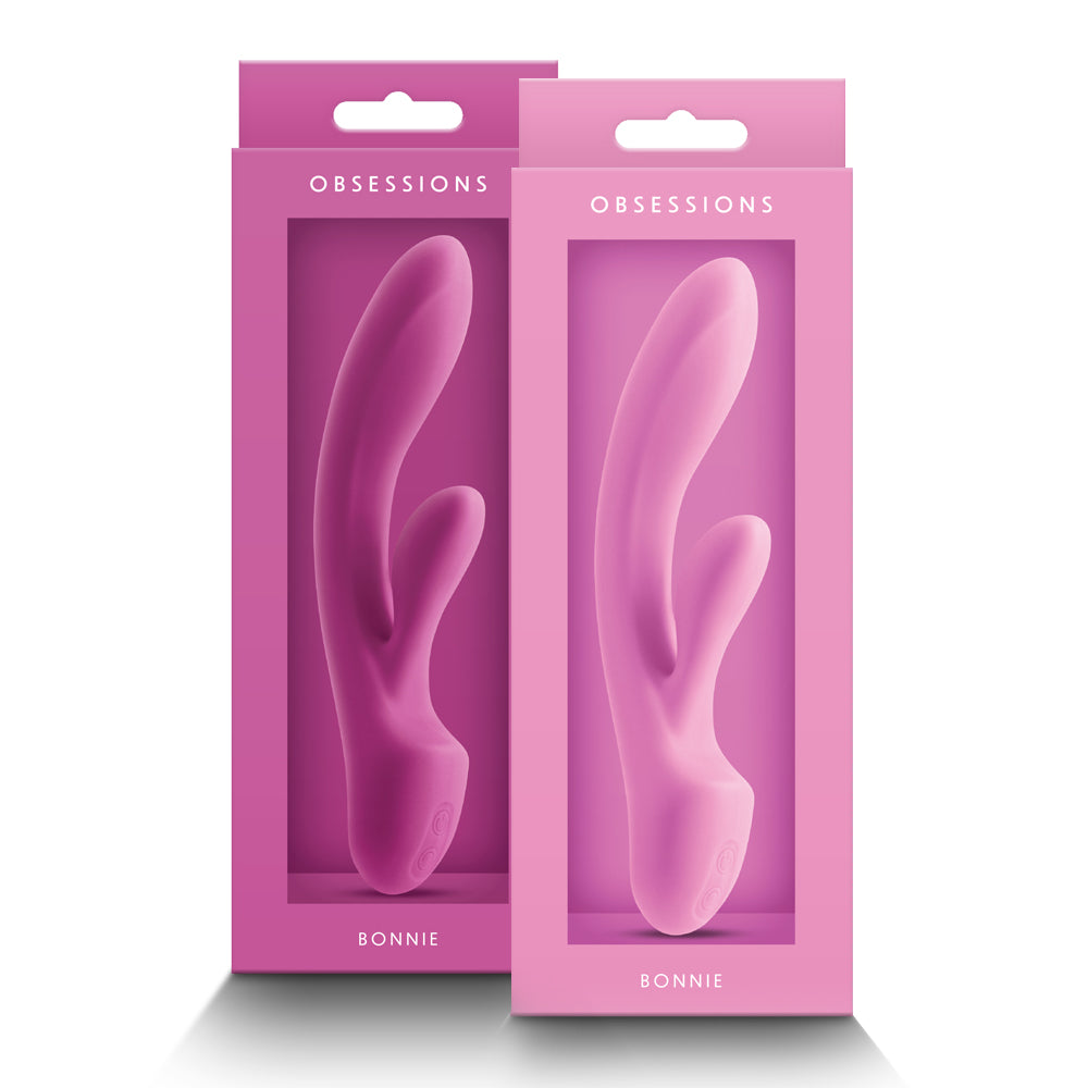 Two boxes of a light pink and dark pink rabbit vibrator stand next to each other with the names Obsessions Bonnie.