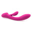 Side view of a dark pink silicone rabbit vibrator with a curved G spot shaft laying on its side on a white background.