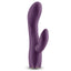Front view of a dark purple silicone rabbit vibrator with a curved G spot shaft standing against a white background.