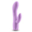 Front view of a light purple silicone rabbit vibrator with a curved G spot shaft standing against a white background.