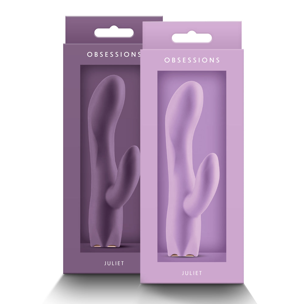Two boxes of a light purple and dark purple rabbit vibrator stand next to each other with the names Obsessions Juliet.