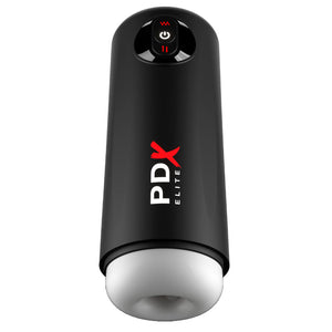 A non-anatomical masturbator sits in a black hard shell case against a white backdrop with power buttons. 