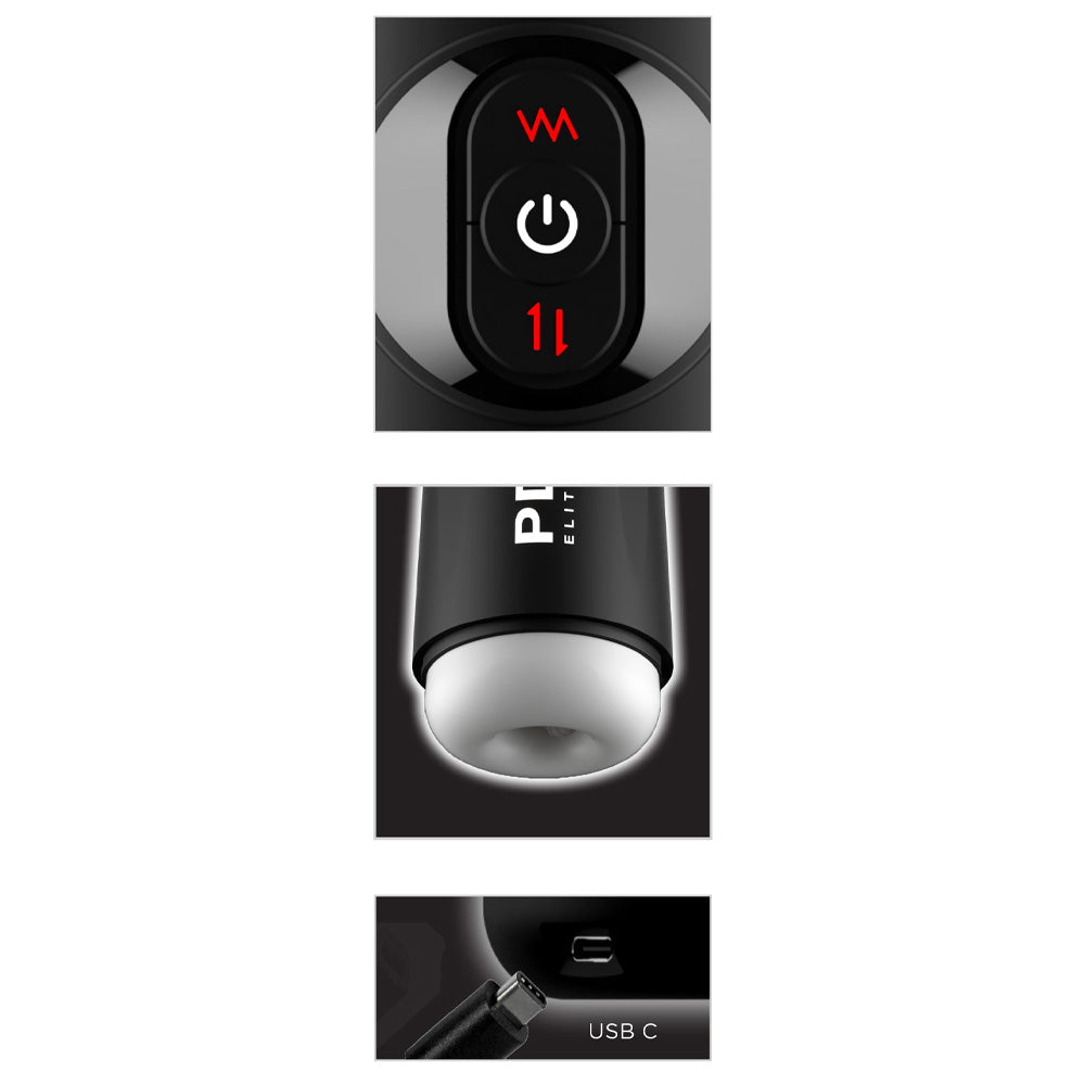 Three images showing close ups of the control buttons, the masturbator sleeve opening and the USB-C charging port.
