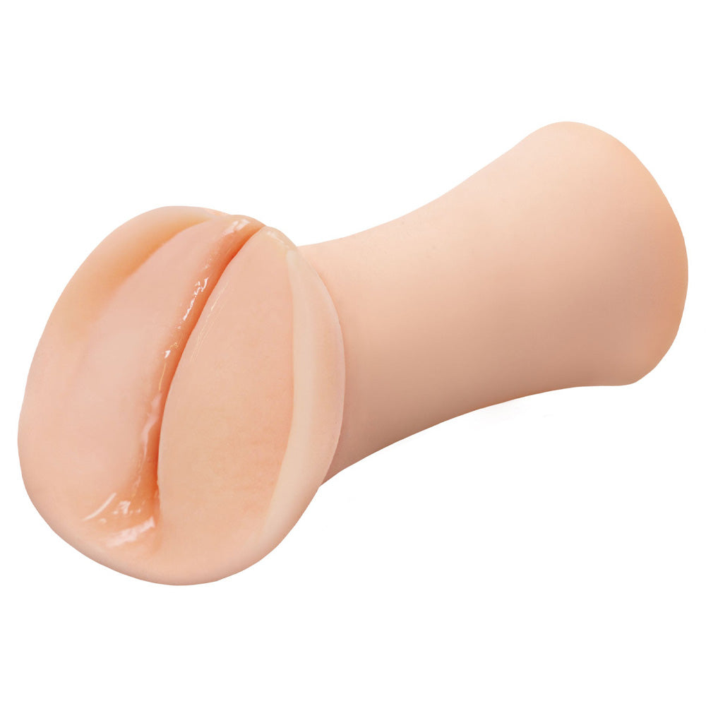 A side view of a self lubricating realistic vagina stroker made of Fanta Flesh TPE sits against a white backdrop.