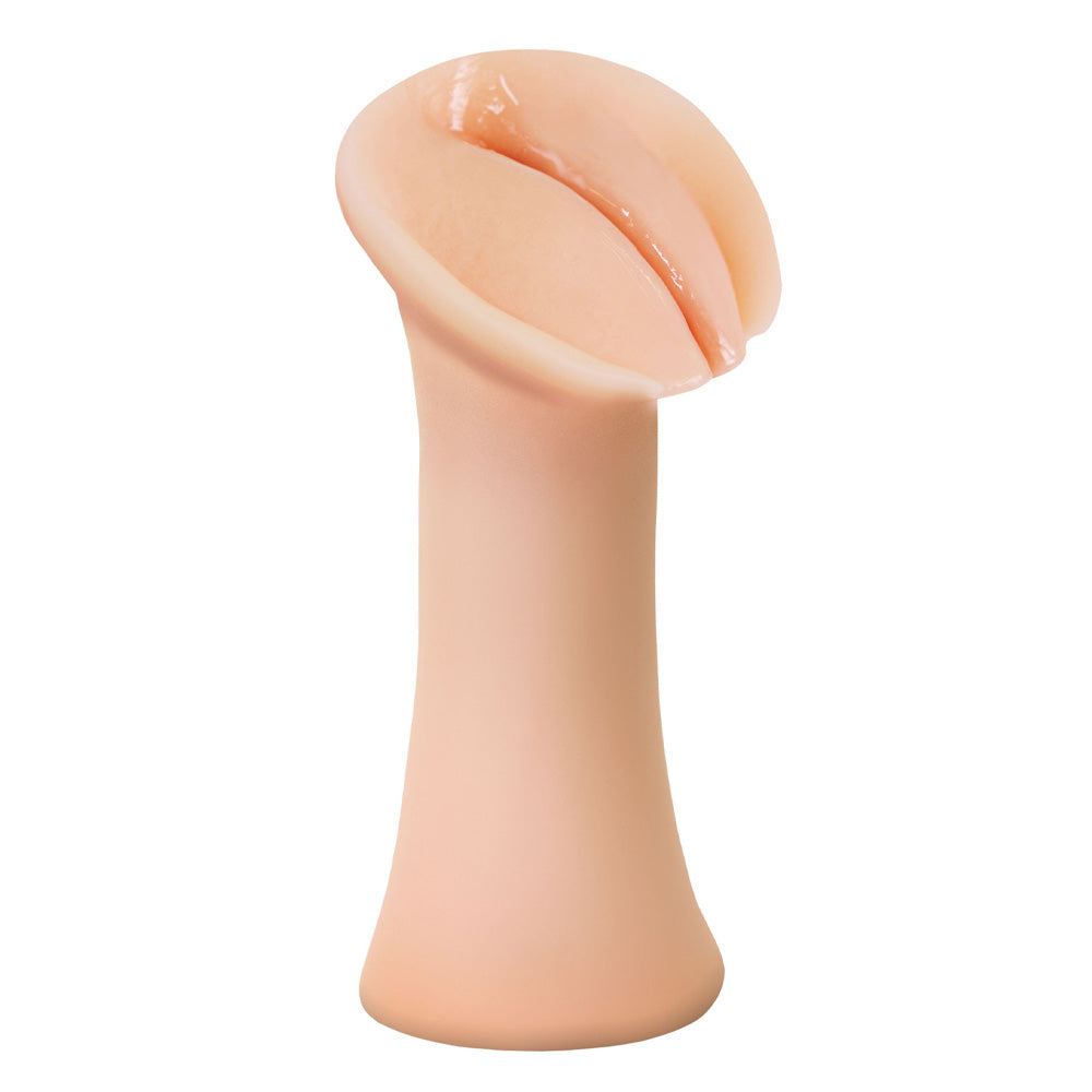 A self lubricating realistic vagina stroker features a slit at the head of the stroker and closed-ended design. 