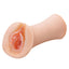 Side view of a realistic self-lubricating vagina stroker with splayed lips and closed-ended design for suction.