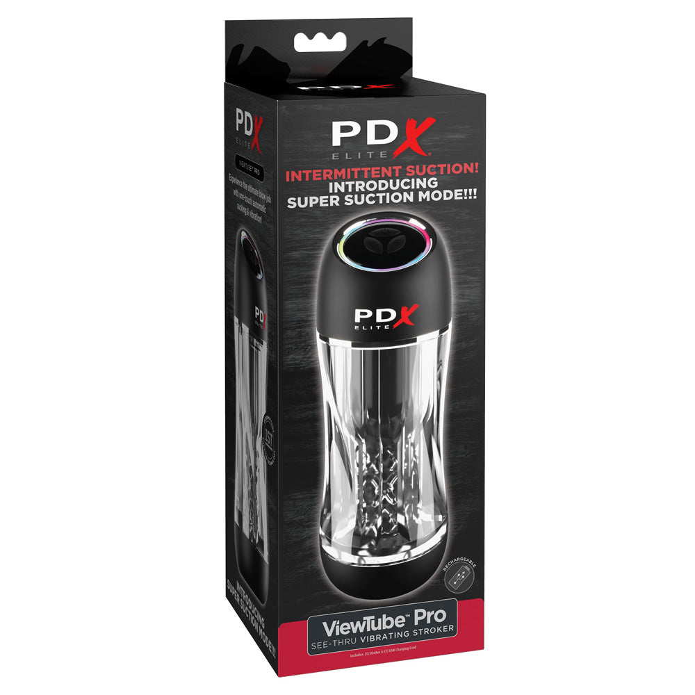 A box by Pipedream stands against a white backdrop and has a see through PDX Elite vibrating stroker on it.