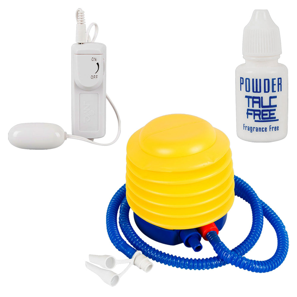 An inflation pump, vinyl repair kit, vibrating bullet and talc-free powder for inflatable sex dolls sit on a white backdrop.