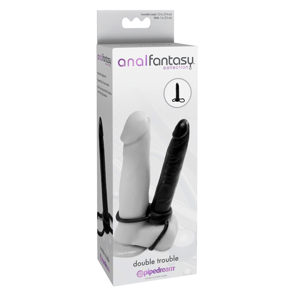 A Pipedream Anal Fantasy box features a double penetration strap-on with dual stretchy rings for the shaft and testicles. 