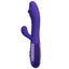 A purple rabbit vibrator stands against a white backdrop and features a phallic tip with skin-like ridges. 