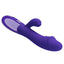 A purple rabbit vibrator lays on its side and showcases an external clitoral arm with a flower bud-like texture.