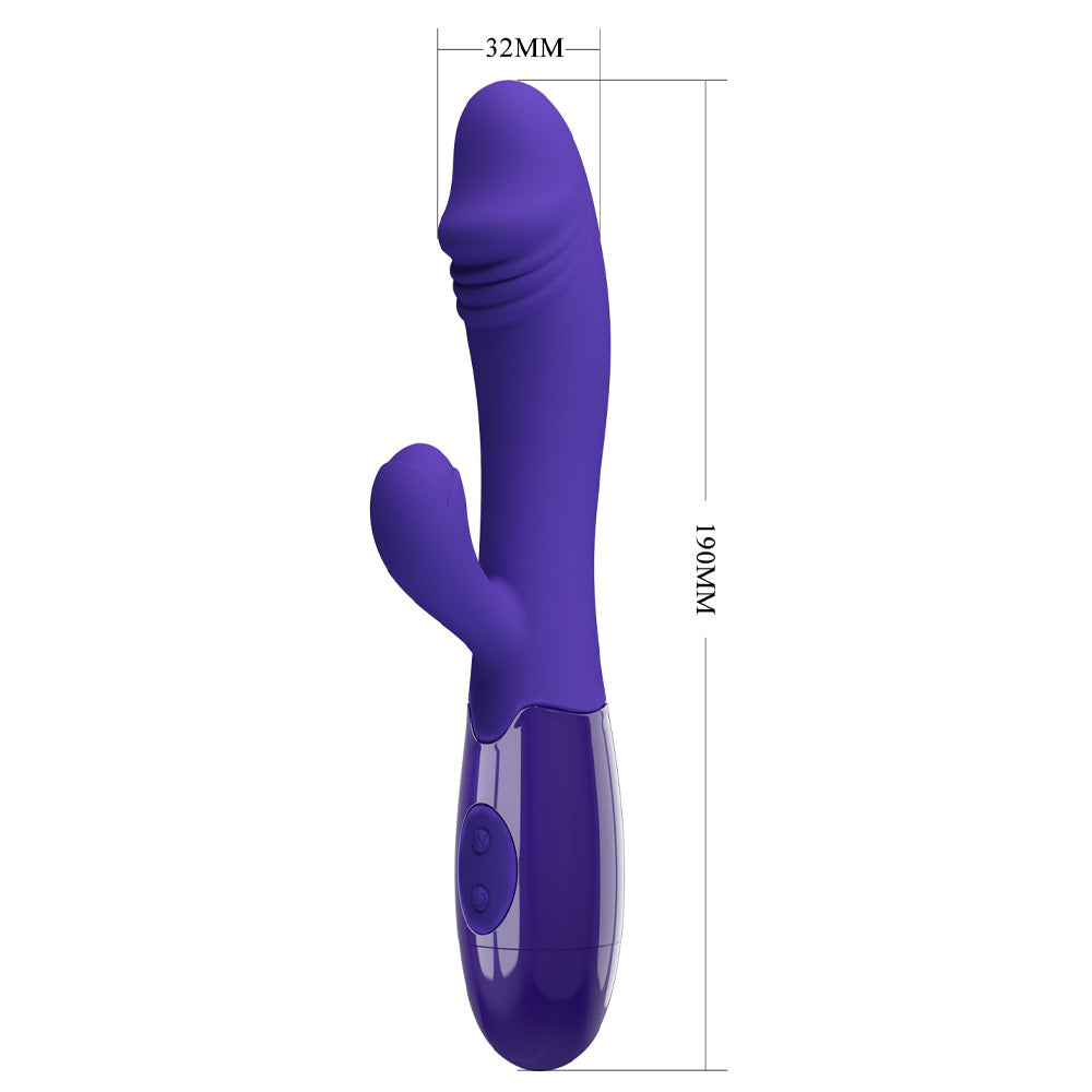 A purple silicone rabbit vibrator stands against a white backdrop and has annotated height and width measurements.