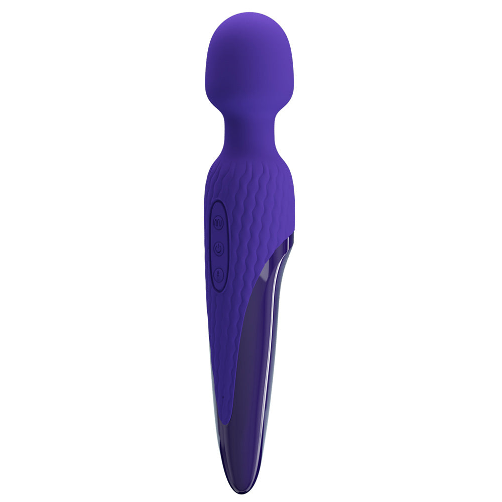 A purple cordless wand vibrator with a round head and long textured handle stands against a white background.