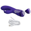 A purple rabbit vibrator lays flat with its base cap open to show the charging point next to its USB power cord.