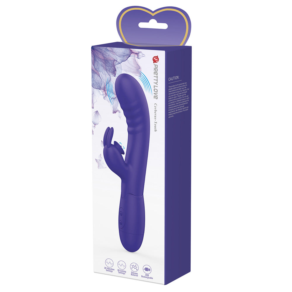 A Pretty Love box stands against a white backdrop and features a purple clitoris-licking rabbit vibrator on the front.