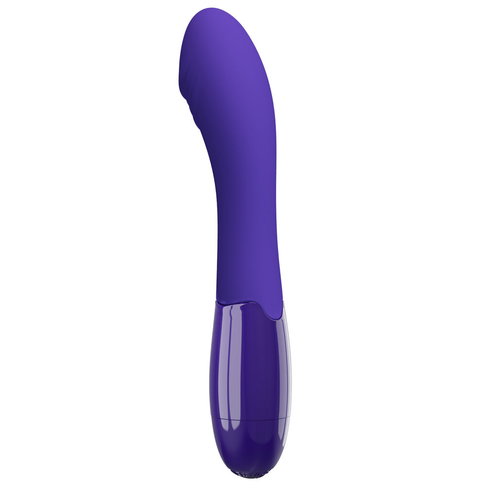 A purple G-spot vibrator stands against a white backdrop to show its slightly curved, flexible neck.