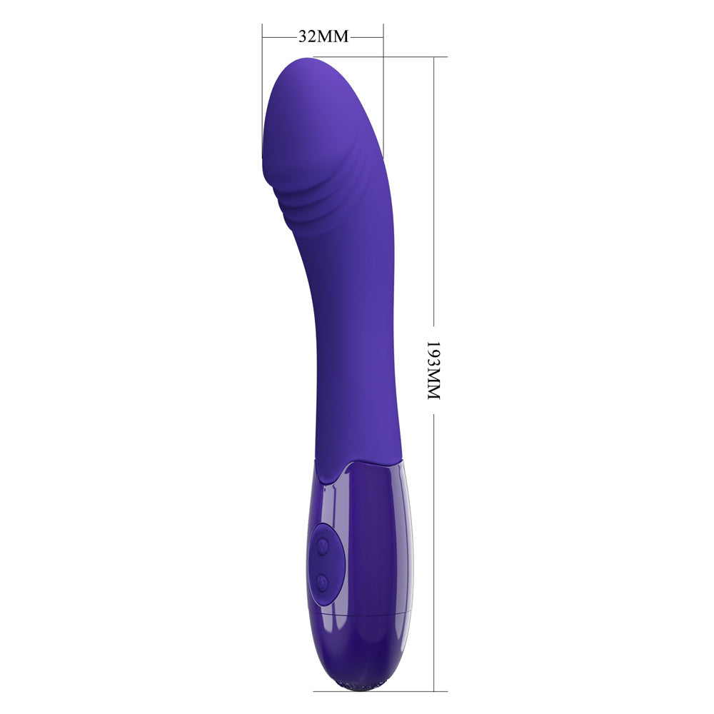 A purple G-spot vibrator stands against a white backdrop with annotated height and width measurements.