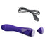 A purple G-spot vibrator lays flat with its base cap removed to show a charging point for the USB cord laying next to it.