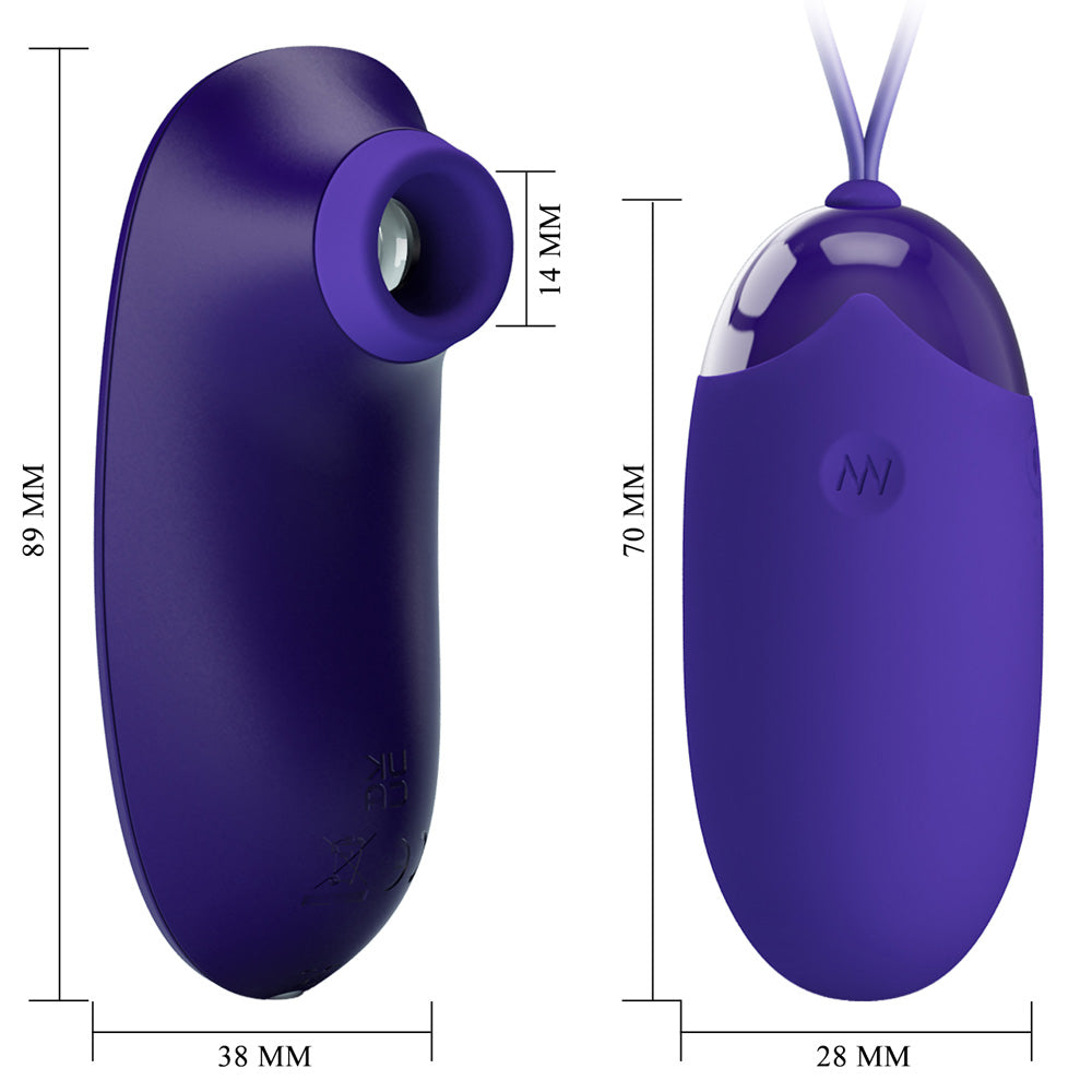 A purple clitoral sucker and egg vibrator stand next to each other with their measurements on a white backdrop.