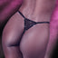 Close up back view of a model wearing a black mesh rhinestone mesh thong.