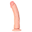 A realistic curved dildo features a girthy shaft and a veiny texture.