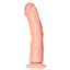 A curved realistic dildo stands against a white backdrop and features a suction cup base. 