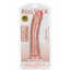 A realistic curved dildo with suction cup base sits in its clear packaging by Real Rock. 