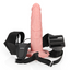 A hollow strap-on dildo sits next to its waistband and adjustable waist and leg straps with a hands-free vibrator. 