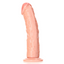 A realistic curved dildo features a girthy shaft and veiny texture. 
