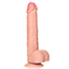 A straight realistic dildo stands against a white backdrop and features life-like testicles. 