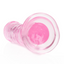 Close up of the suction cup base of a crystal clear pink jelly flexible dildo. 