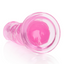 Close up of a pink clear jelly dildo showcasing its suction cup. 
