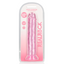 A pink clear jelly dildo sits in a clear package by Real Rock. 