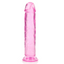 A crystal clear pink jelly dildo with a girthy design and large phallic tip. 