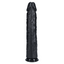 A realistic extra long black dildo stands and features a girthy shaft and veiny texture. 