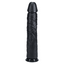 An extra long black dildo with a phallic head and shaft sculpted from skin-like PVC. 