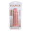A realistic thick 9 inch dildo with suction cup sits in its clear package by Real Rock. 
